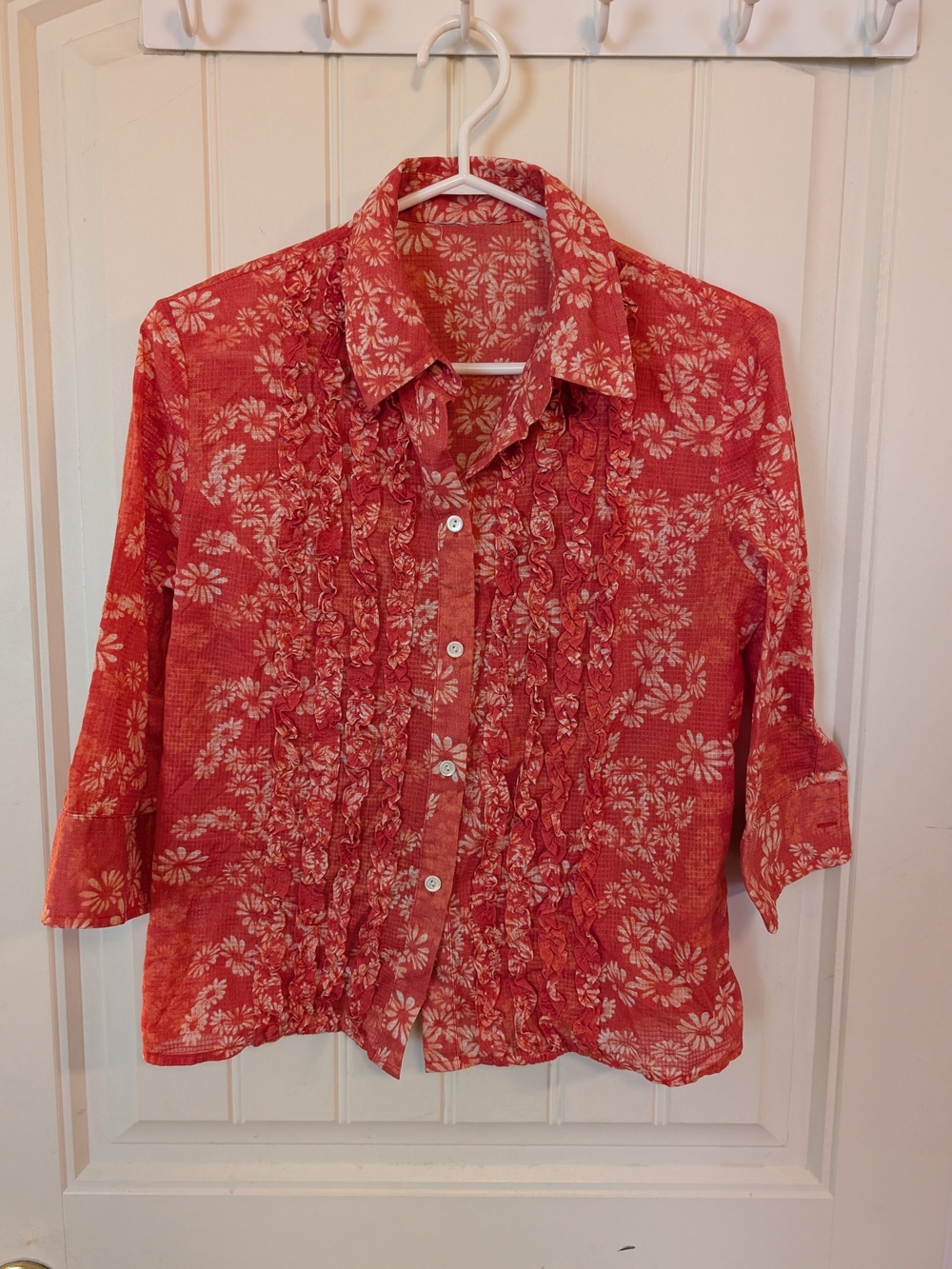 Vintage Coral Red Floral Ruffle Button-Down Shirt